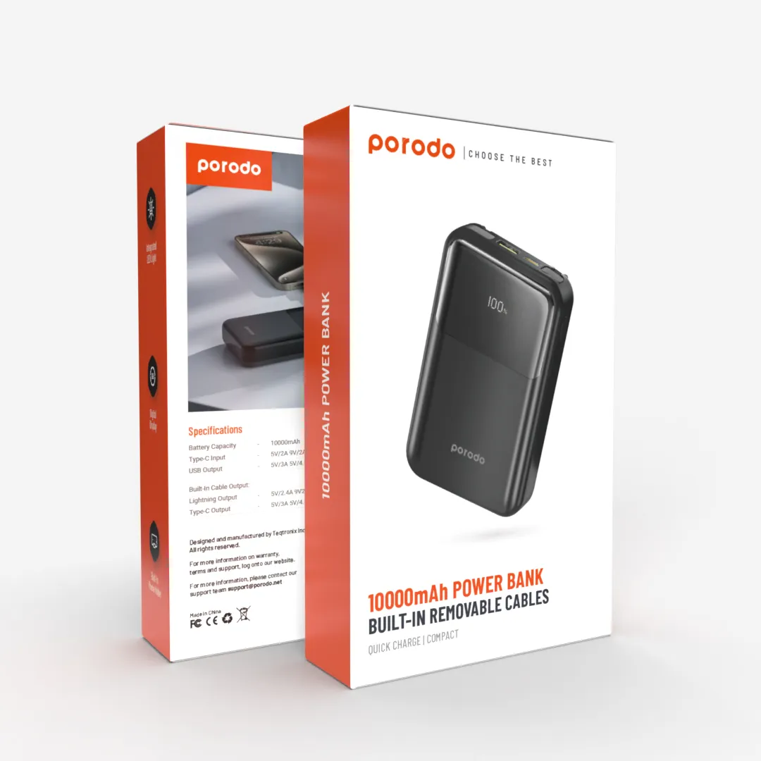 Porodo 10000 mAh 18W Powerbank with Type C and Lightning Cable - Black